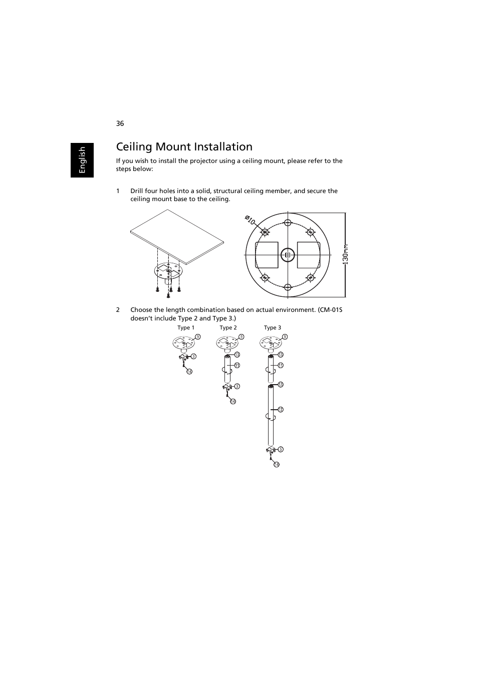 Ceiling mount installation | Acer P1186 User Manual | Page 46 / 59