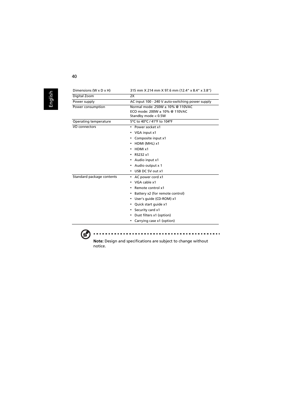 En gl ish | Acer P1186 User Manual | Page 50 / 59