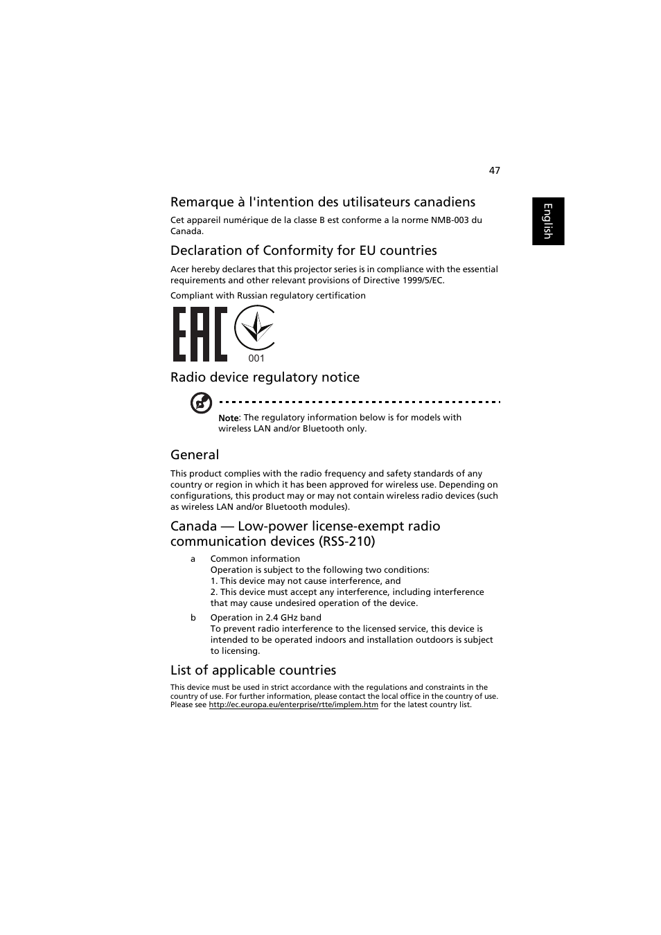 Remarque à l'intention des utilisateurs canadiens, Declaration of conformity for eu countries, Radio device regulatory notice | General, List of applicable countries | Acer P1186 User Manual | Page 57 / 59