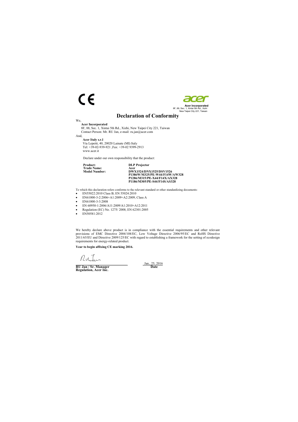 Declaration of conformity | Acer P1186 User Manual | Page 58 / 59