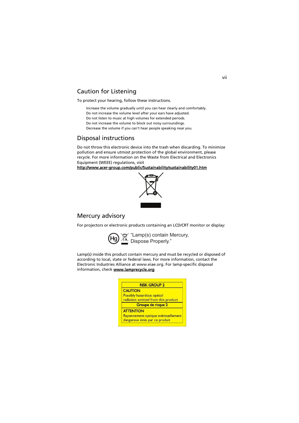 Caution for listening, Disposal instructions, Mercury advisory | Acer P1186 User Manual | Page 7 / 59