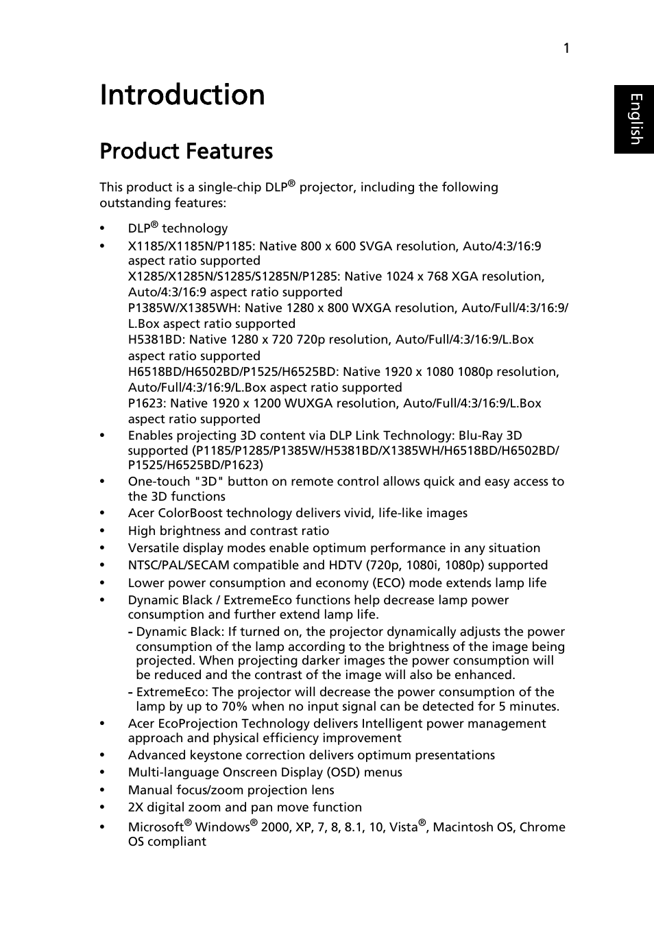 Introduction, Product features | Acer P1623 User Manual | Page 11 / 84