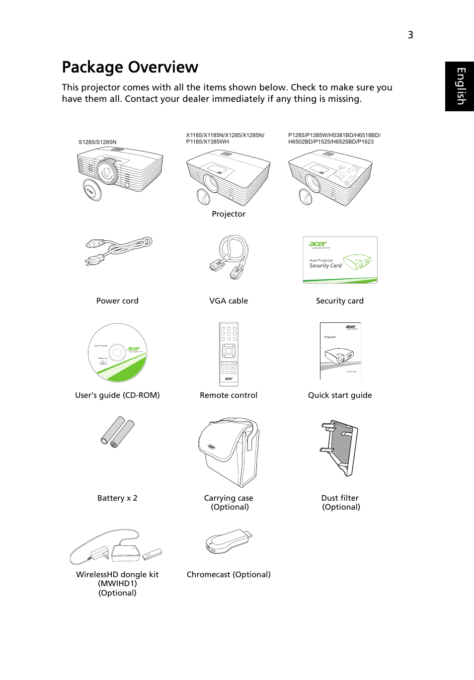 Package overview, Eng lis h | Acer P1623 User Manual | Page 13 / 84