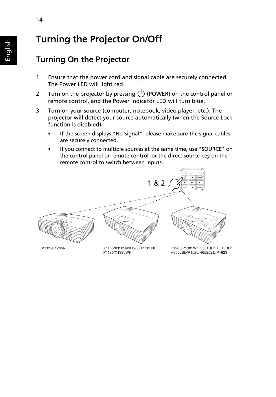 Turning the projector on/off, Turning on the projector | Acer P1623 User Manual | Page 24 / 84