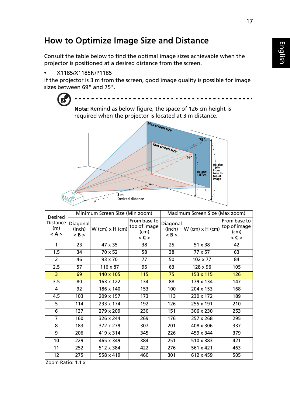 How to optimize image size and distance, Eng lis h | Acer P1623 User Manual | Page 27 / 84