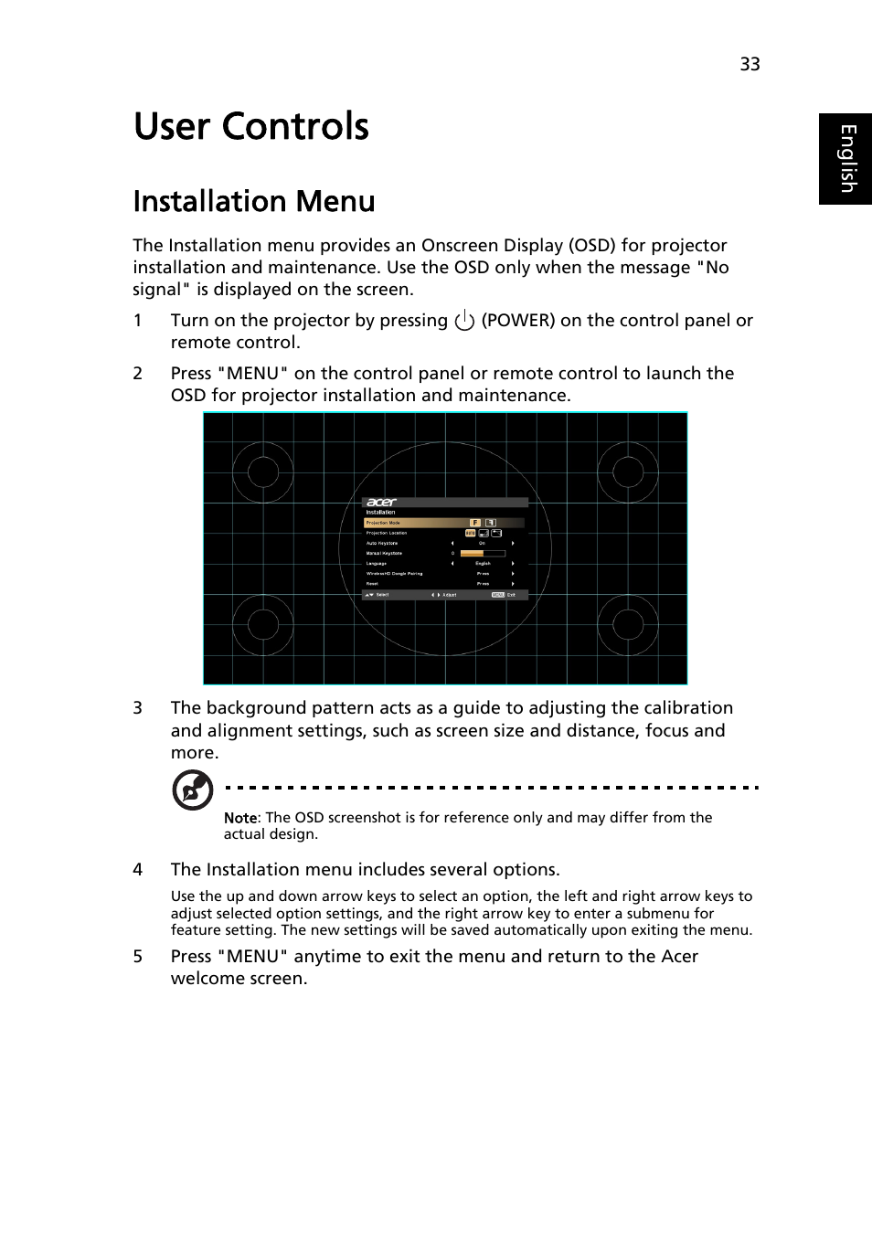 User controls, Installation menu | Acer P1623 User Manual | Page 43 / 84