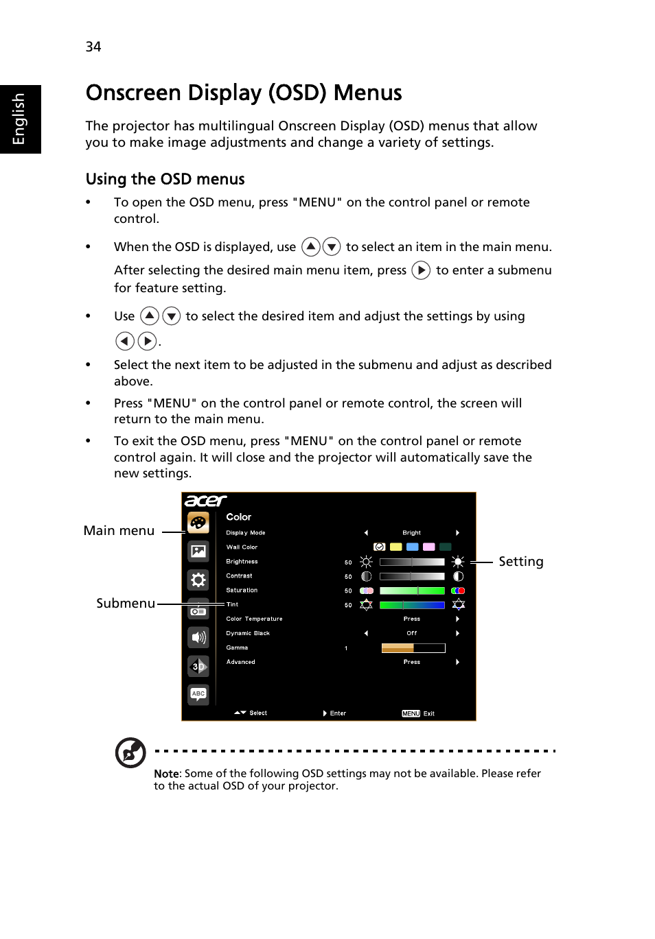 Onscreen display (osd) menus | Acer P1623 User Manual | Page 44 / 84