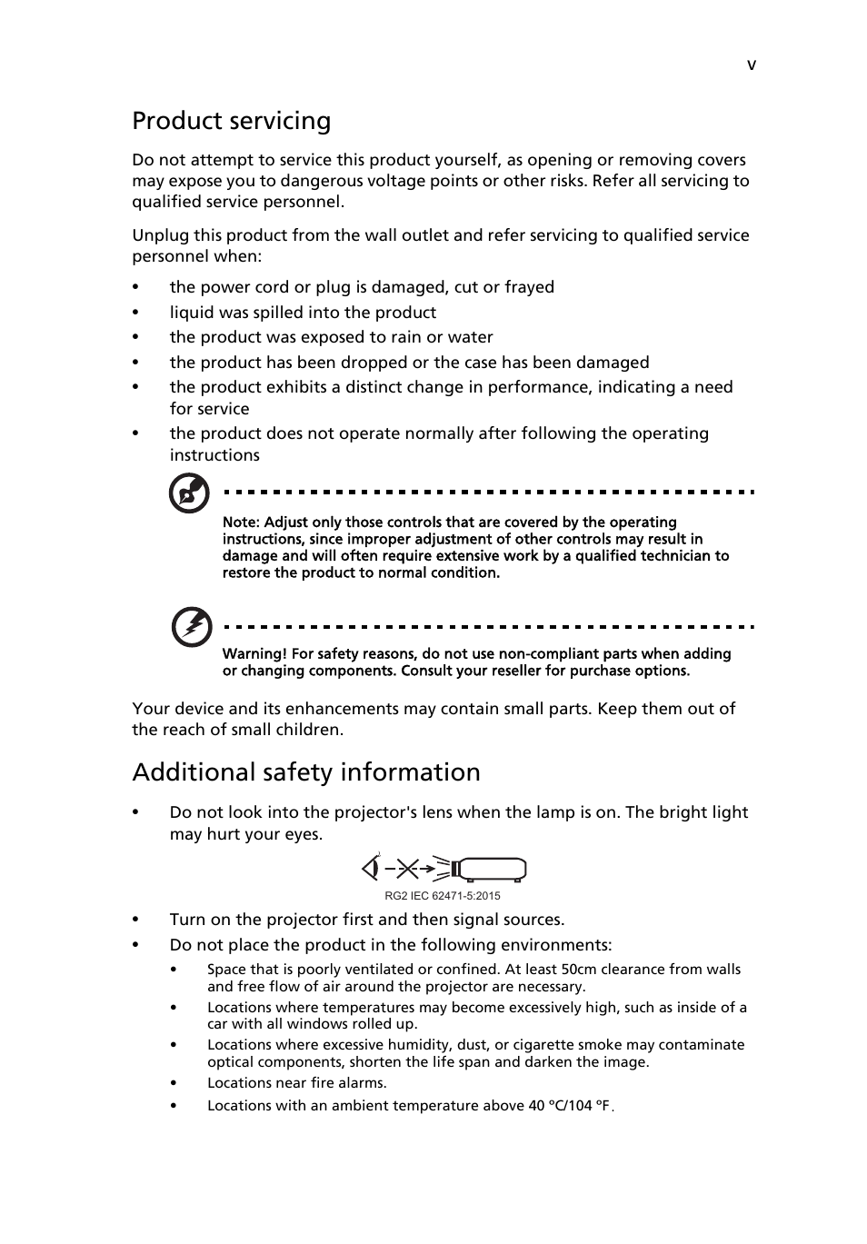 Product servicing, Additional safety information | Acer P1623 User Manual | Page 5 / 84