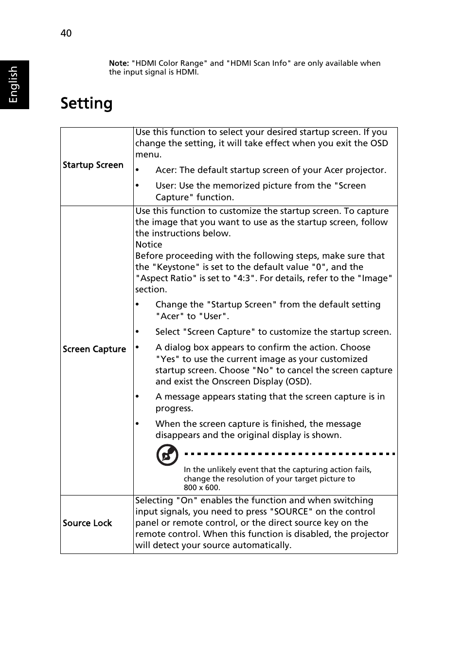 Setting | Acer P1623 User Manual | Page 50 / 84