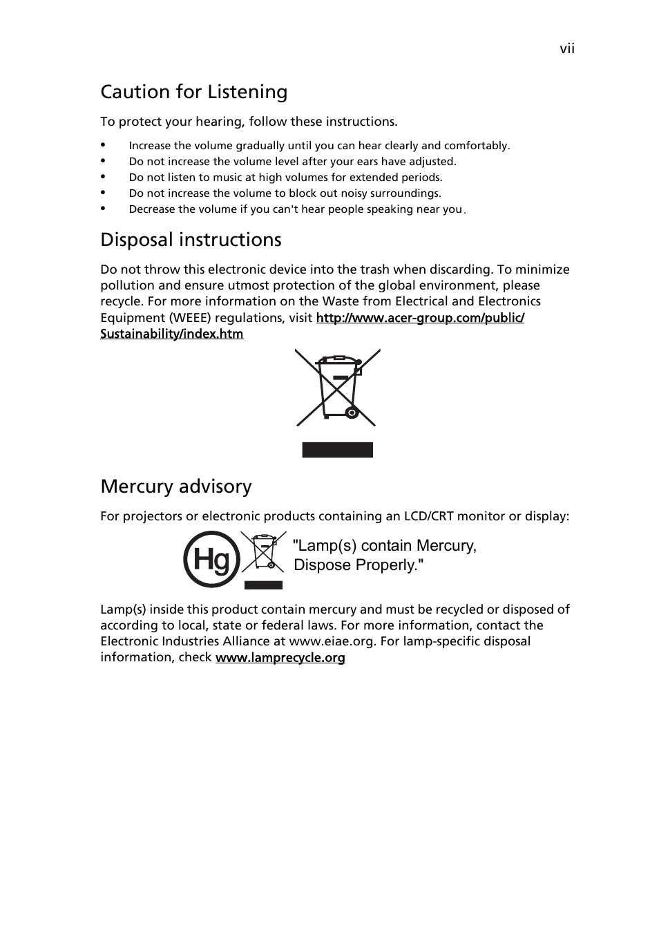 Caution for listening, Disposal instructions, Mercury advisory | Acer P1623 User Manual | Page 7 / 84