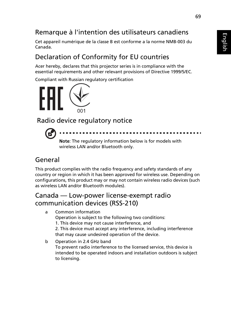 Remarque à l'intention des utilisateurs canadiens, Declaration of conformity for eu countries, Radio device regulatory notice | General | Acer P1623 User Manual | Page 79 / 84