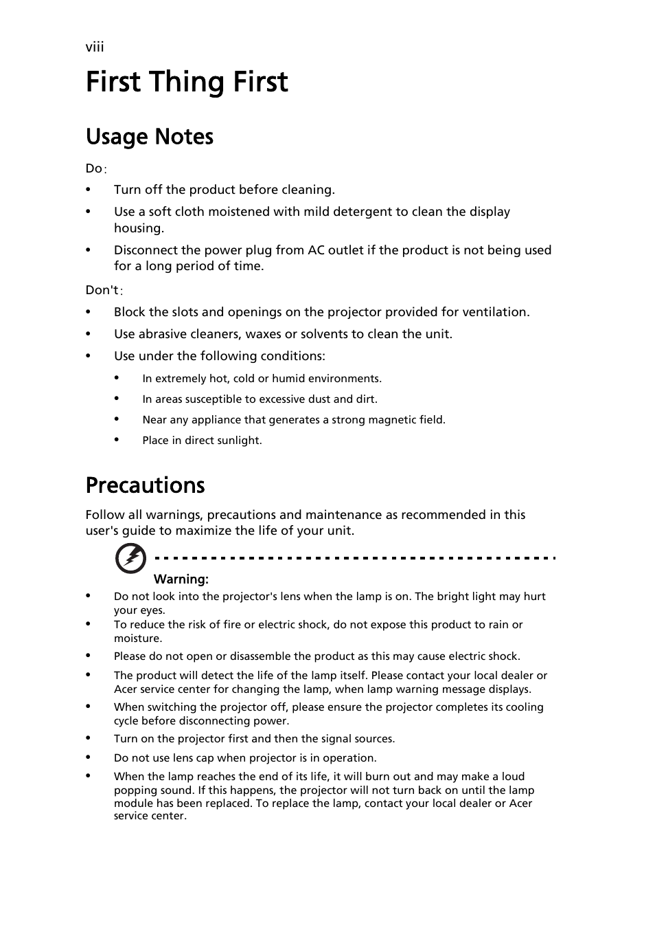 First thing first, Usage notes, Precautions | Acer P1623 User Manual | Page 8 / 84