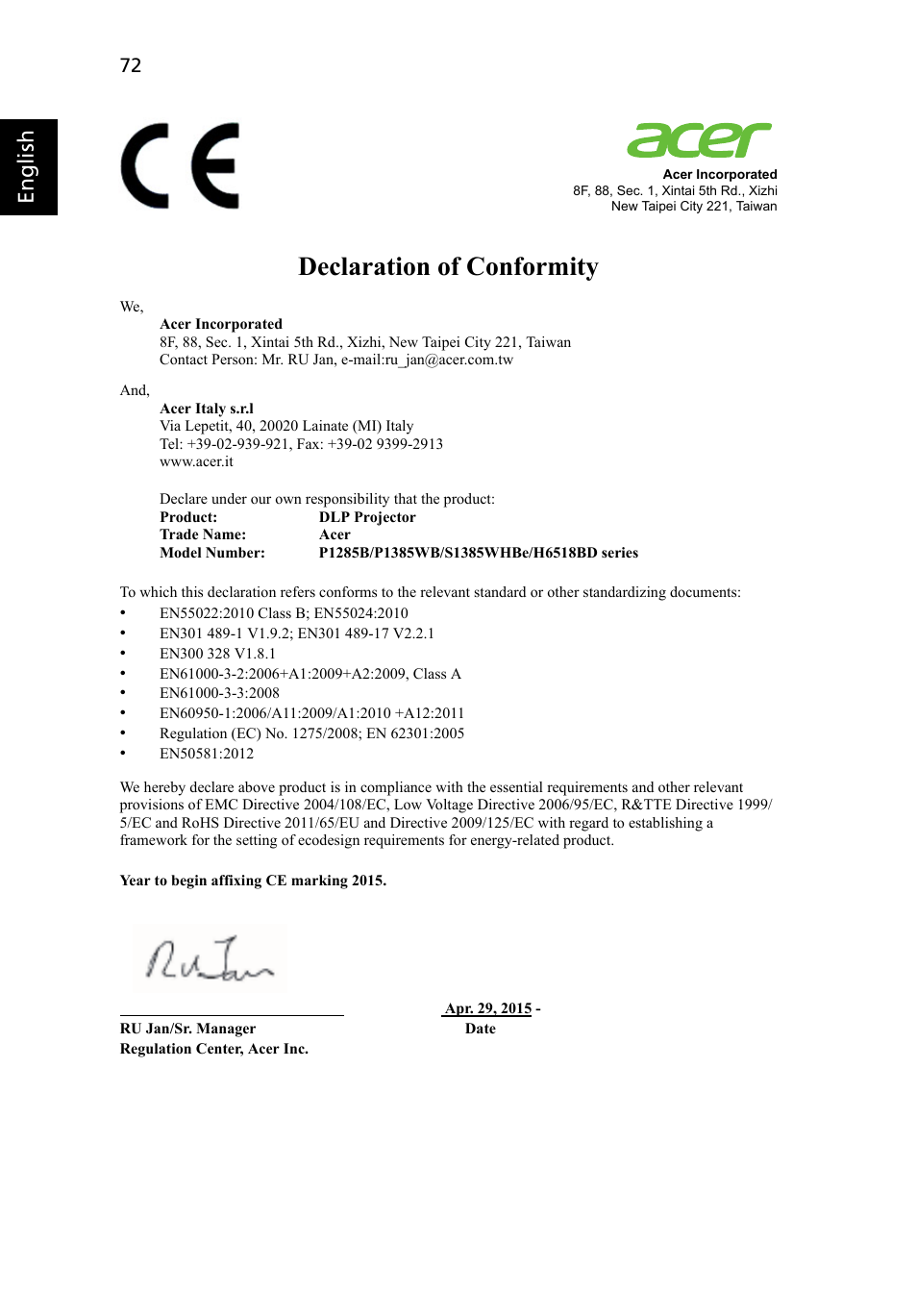 Declaration of conformity, English | Acer P1623 User Manual | Page 82 / 84