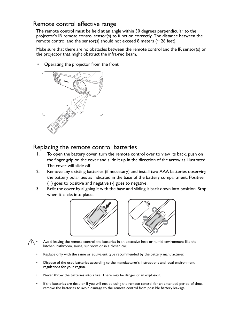 Remote control effective range, Replacing the remote control batteries | BenQ TH530 User Manual | Page 12 / 60