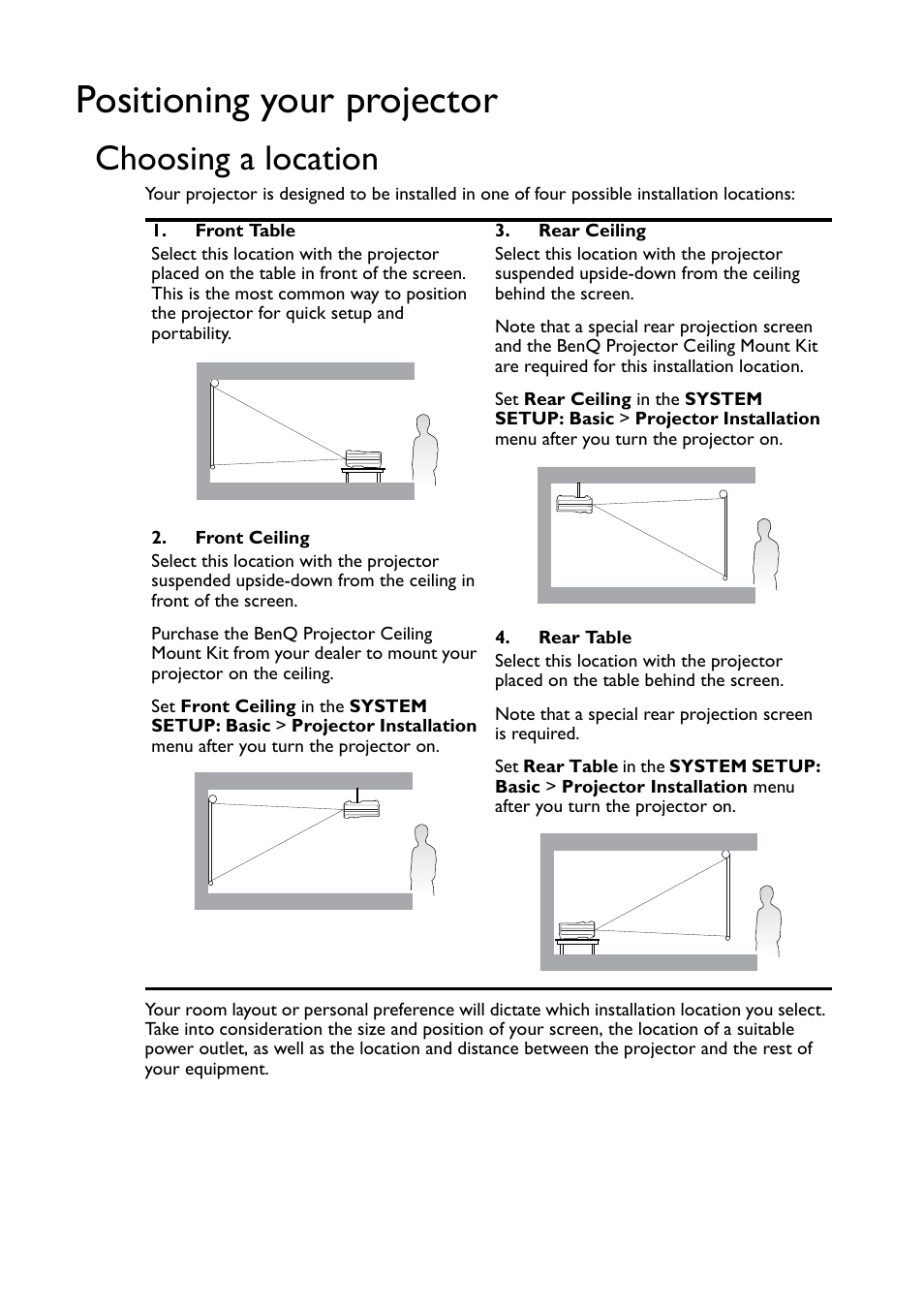 Positioning your projector, Choosing a location | BenQ TH530 User Manual | Page 13 / 60
