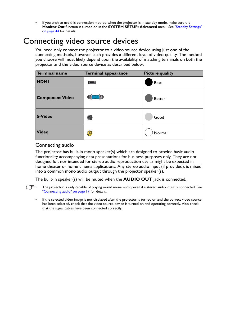 Connecting video source devices, Connecting audio | BenQ TH530 User Manual | Page 17 / 60