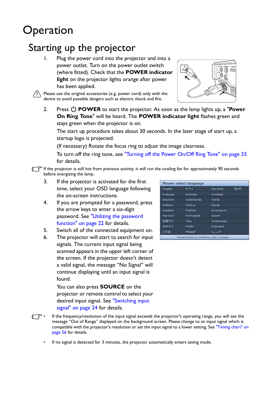 Operation, Starting up the projector | BenQ TH530 User Manual | Page 18 / 60