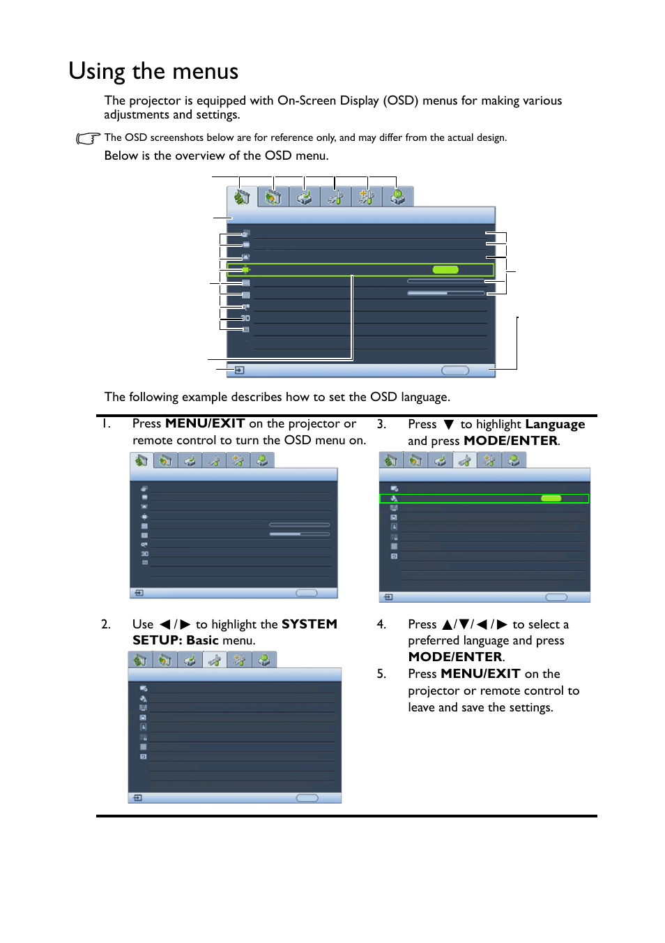 Using the menus, Operation 21 | BenQ TH530 User Manual | Page 21 / 60