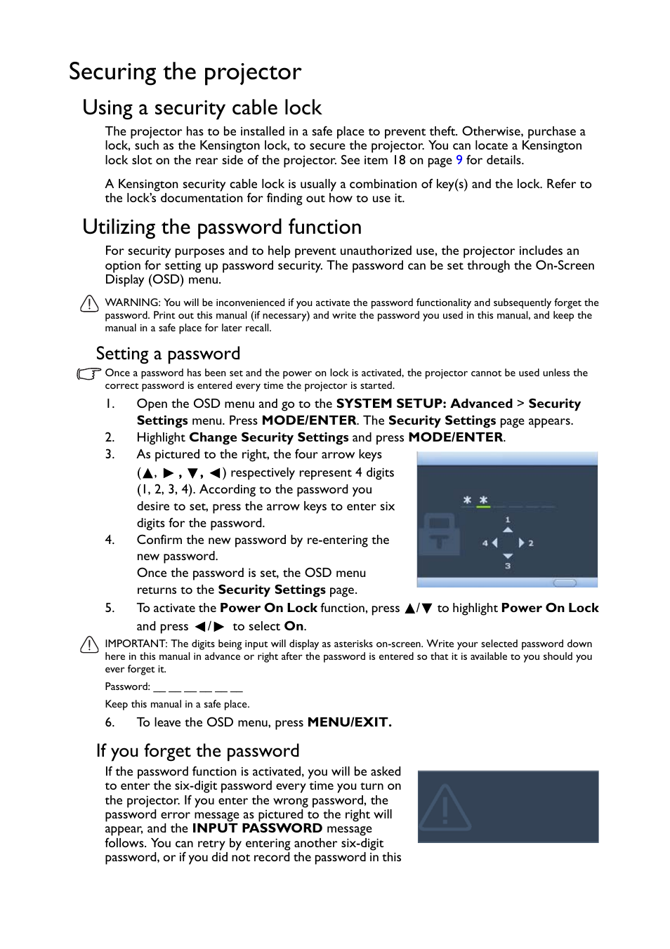 Securing the projector, Utilizing the password, Using a security cable lock | Utilizing the password function, Setting a password, If you forget the password | BenQ TH530 User Manual | Page 22 / 60