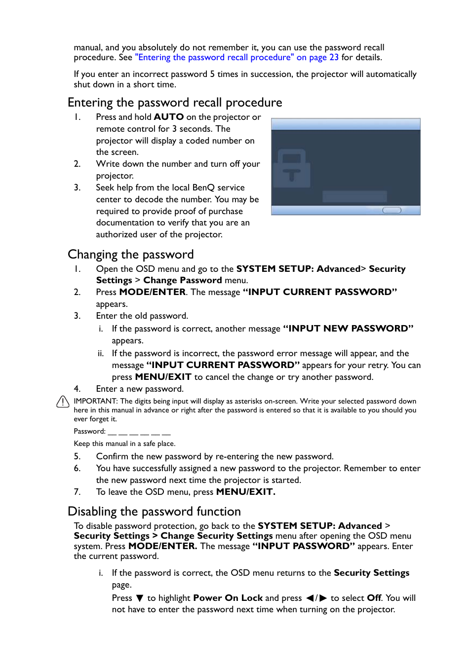 Entering the password recall procedure, Changing the password, Disabling the password function | BenQ TH530 User Manual | Page 23 / 60