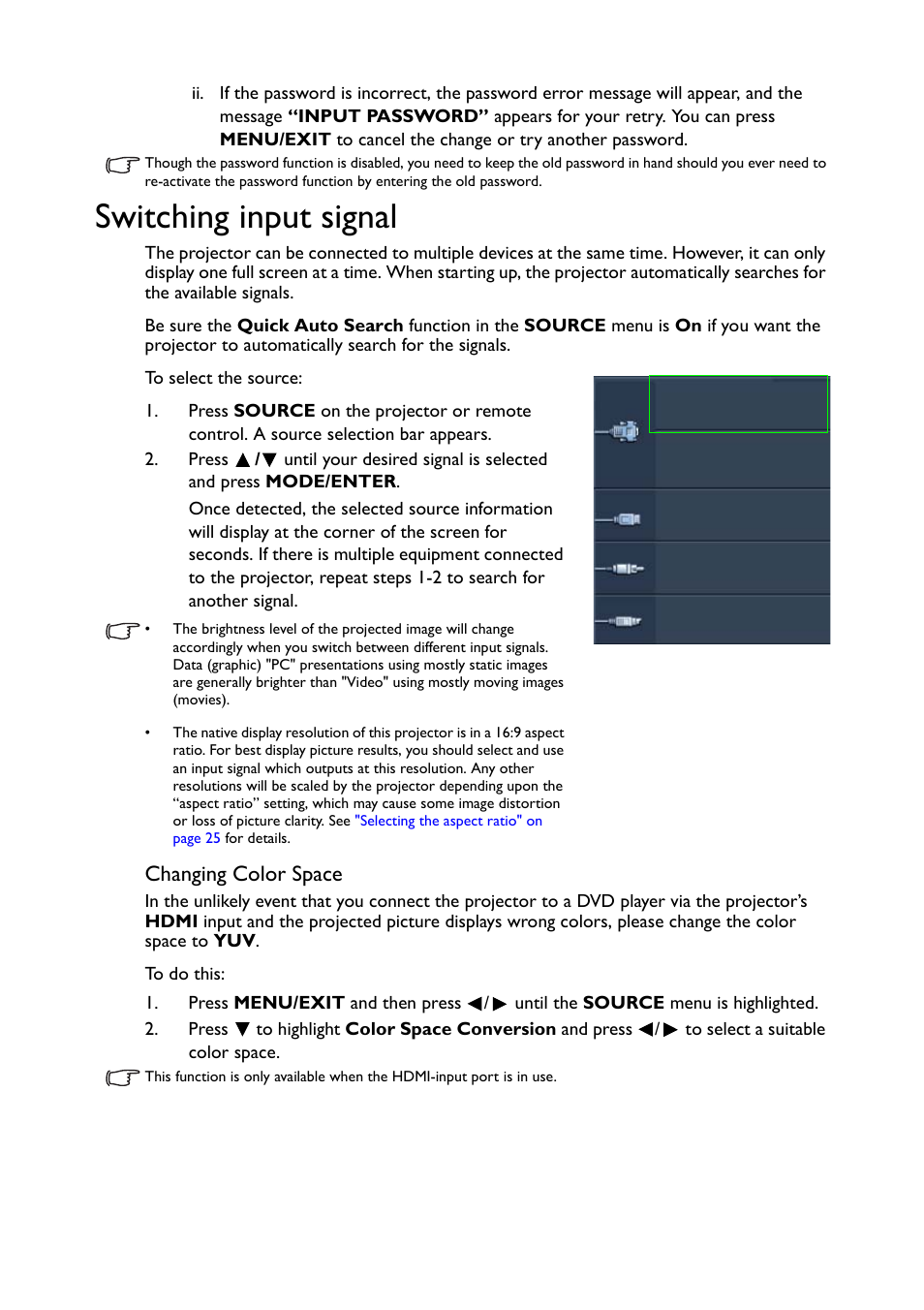Switching input signal, Switching input, Changing color space | BenQ TH530 User Manual | Page 24 / 60