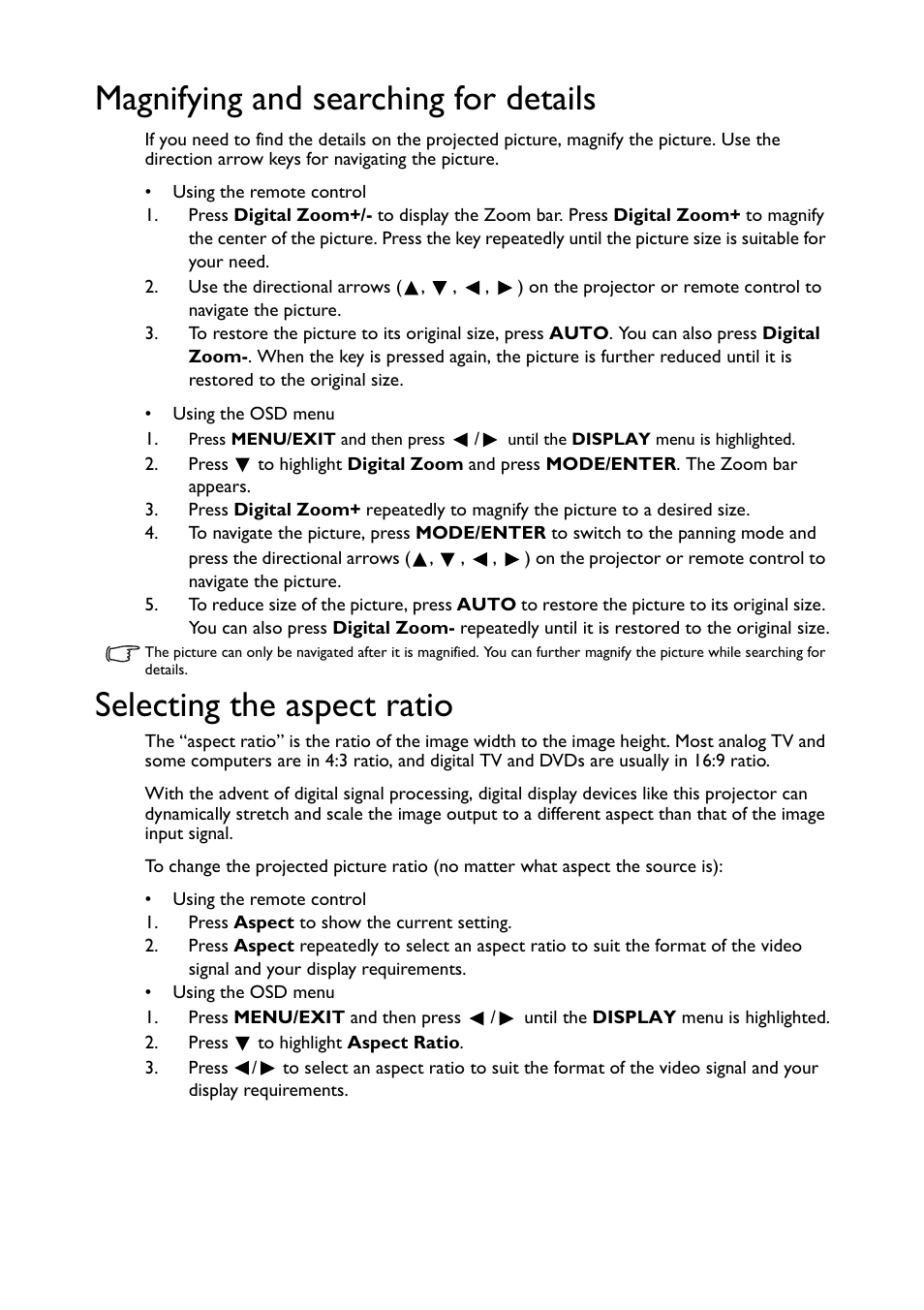 Magnifying and searching for details, Selecting the aspect ratio" on, Selecting the aspect ratio | BenQ TH530 User Manual | Page 25 / 60