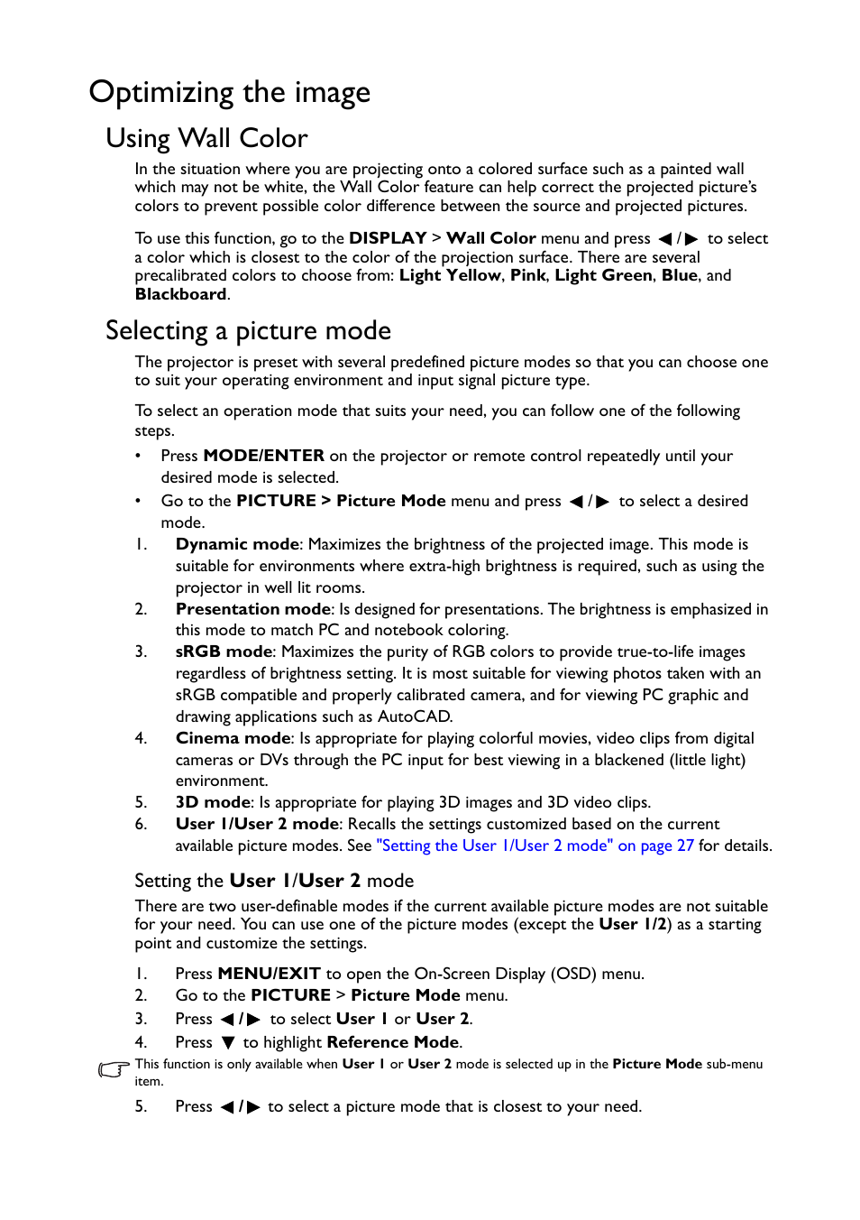 Optimizing the image, Using wall color, Selecting a picture mode | BenQ TH530 User Manual | Page 27 / 60