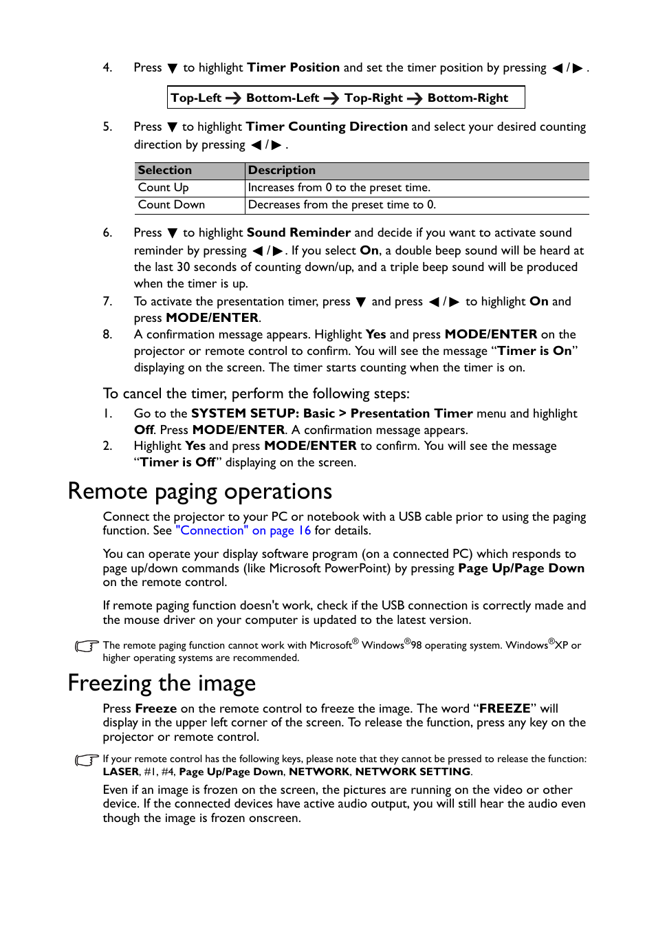 Remote paging operations freezing the image, Remote paging operations, Freezing the image | BenQ TH530 User Manual | Page 31 / 60