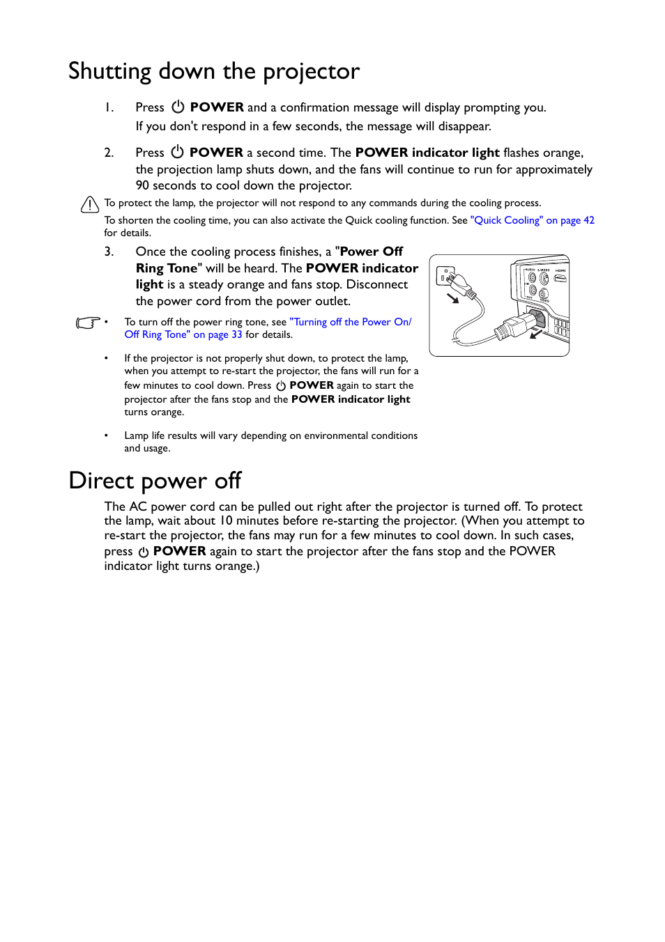 Shutting down the projector, Shutting down the projector direct power off, Direct power off | BenQ TH530 User Manual | Page 35 / 60