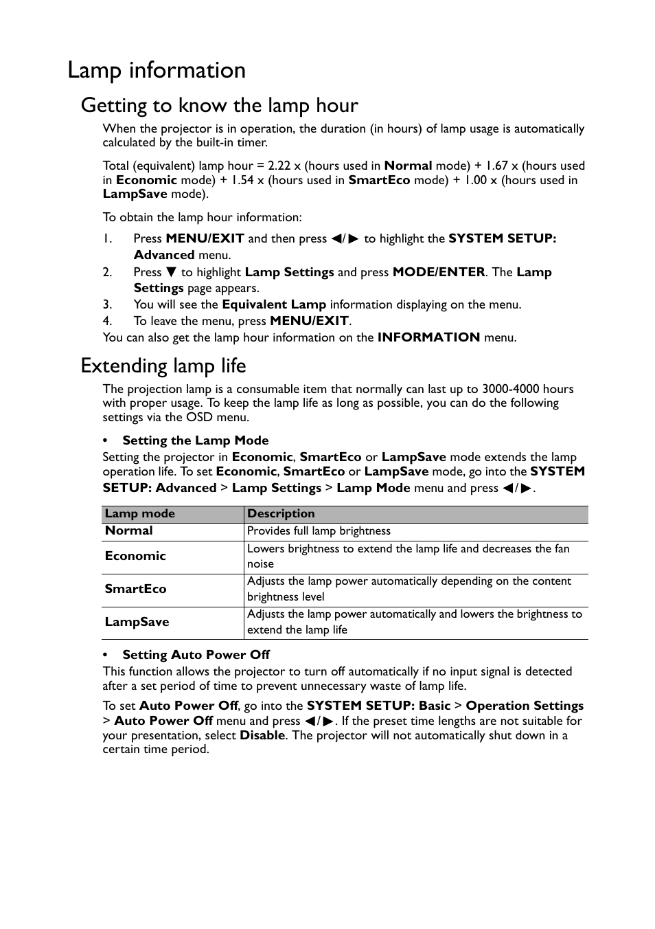 Lamp information, Setting auto power off" on, Getting to know the lamp hour | Extending lamp life | BenQ TH530 User Manual | Page 47 / 60