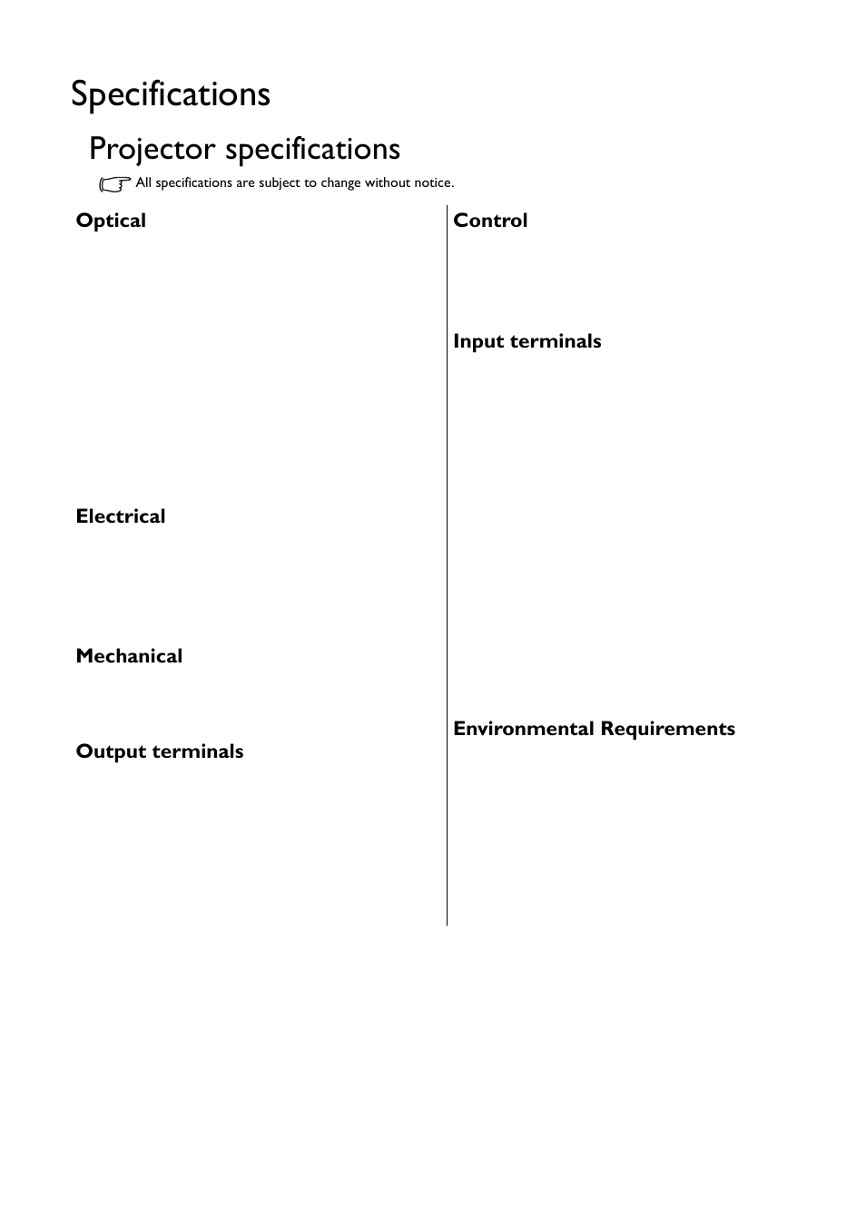 Specifications, Projector specifications | BenQ TH530 User Manual | Page 54 / 60