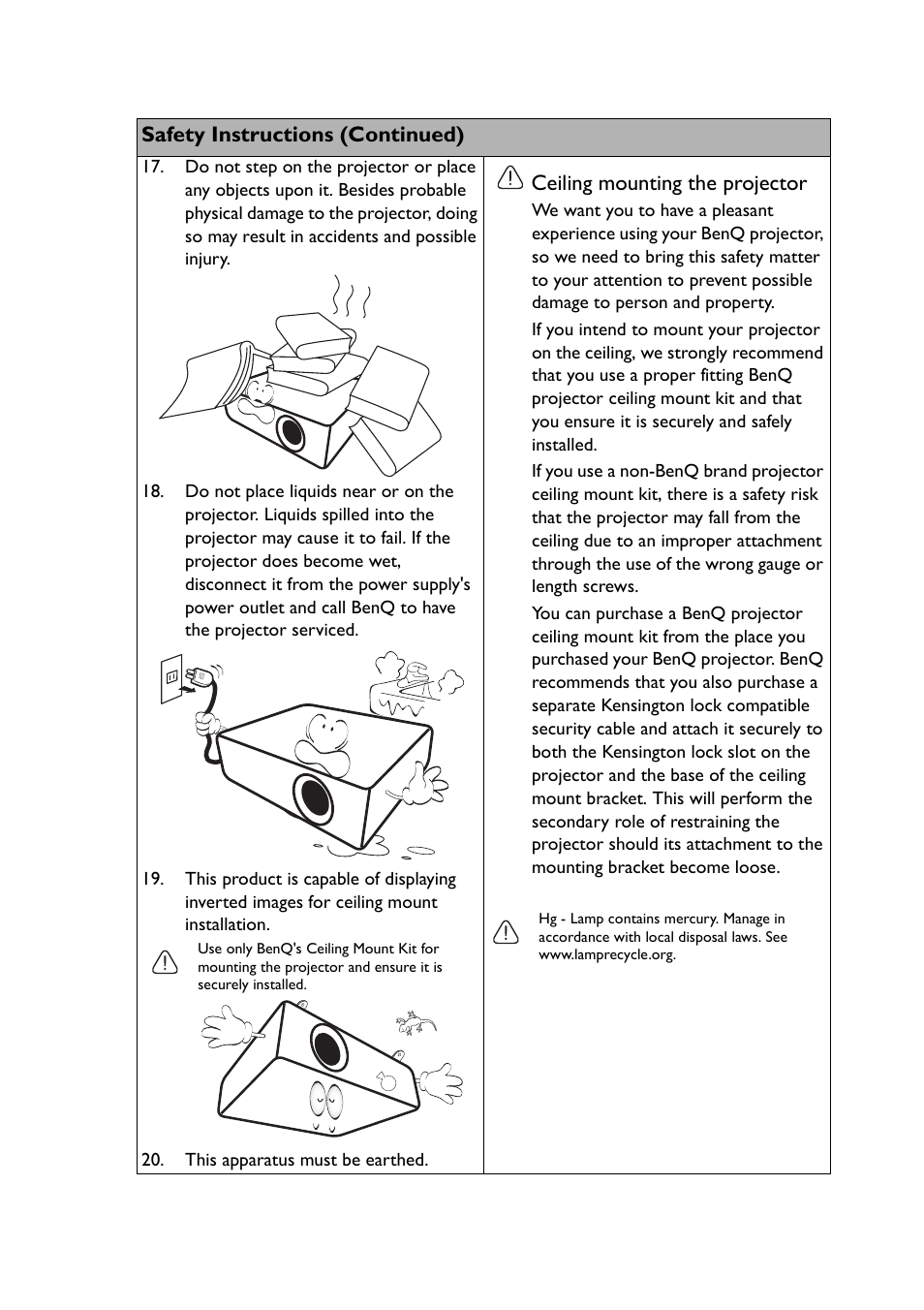 Safety instructions (continued), Ceiling mounting the projector | BenQ TH530 User Manual | Page 6 / 60