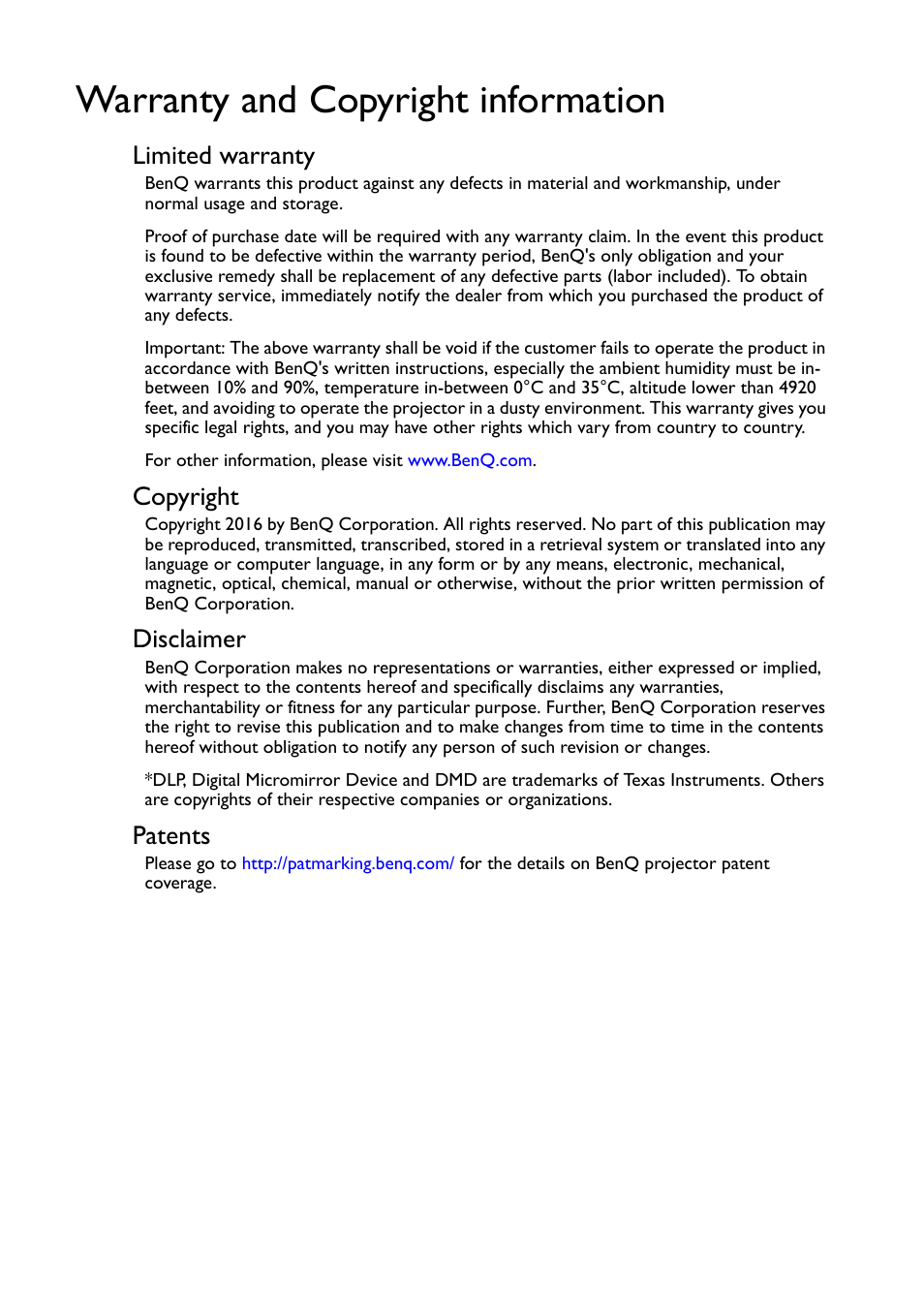 Warranty and copyright information, Limited warranty, Copyright | Disclaimer, Patents | BenQ TH530 User Manual | Page 60 / 60