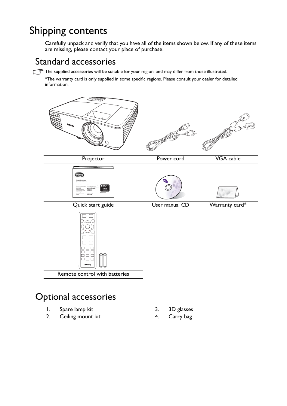 Shipping contents, Standard accessories, Optional accessories | Introduction 8, Projector power cord vga cable quick start guide, Warranty card* remote control with batteries, User manual cd | BenQ TH530 User Manual | Page 8 / 60
