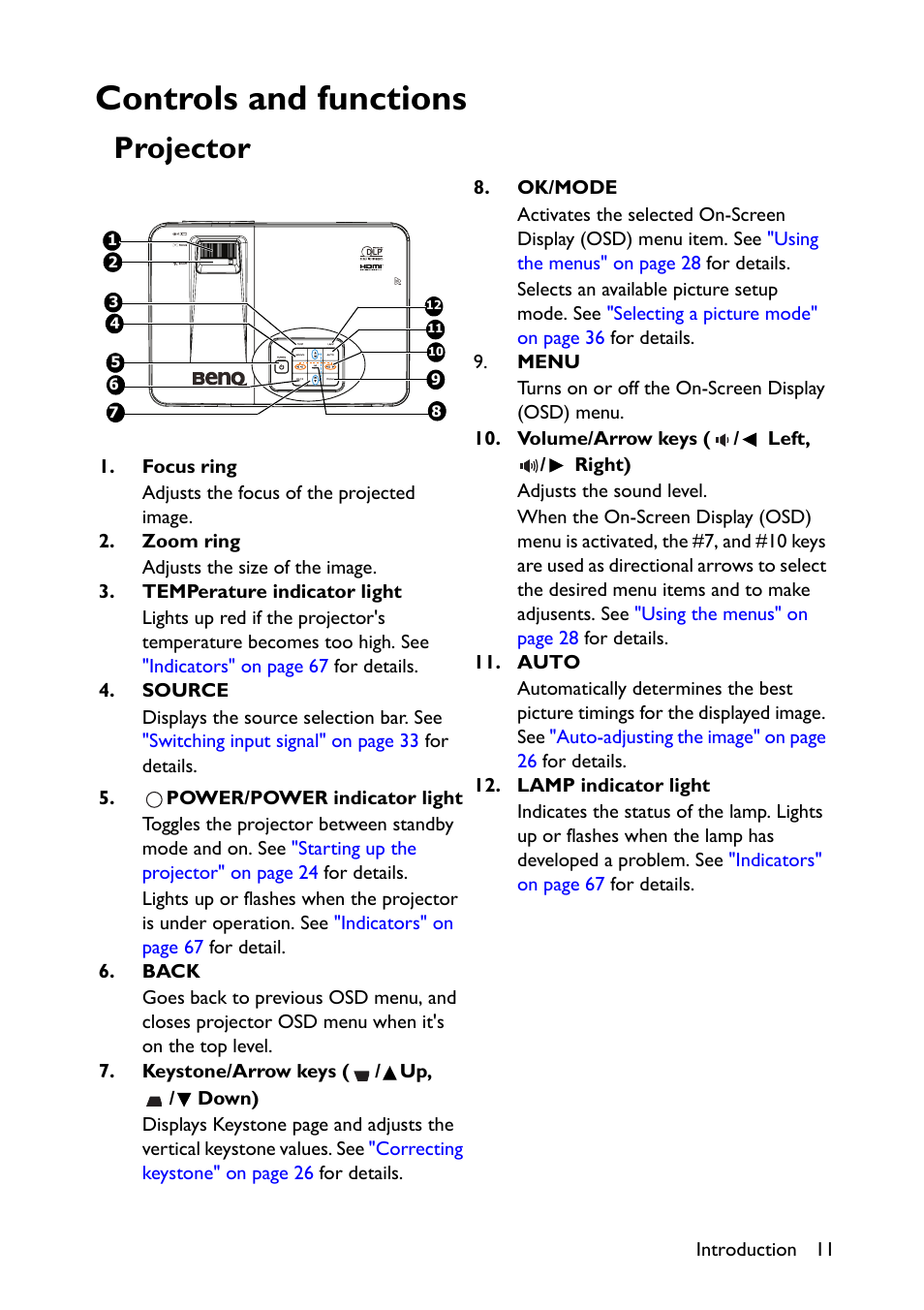Controls and functions, Projector | BenQ TH670s User Manual | Page 11 / 75