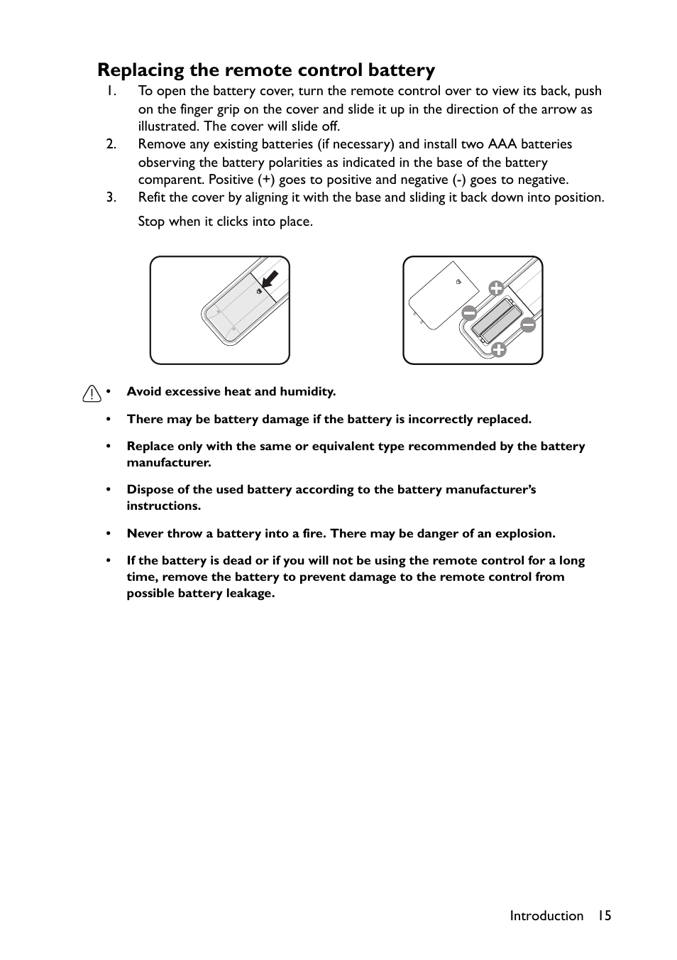 Replacing the remote control battery | BenQ TH670s User Manual | Page 15 / 75