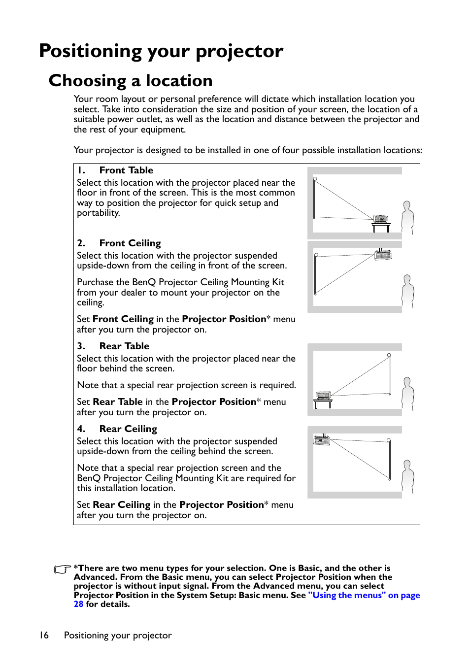 Positioning your projector, Choosing a location | BenQ TH670s User Manual | Page 16 / 75