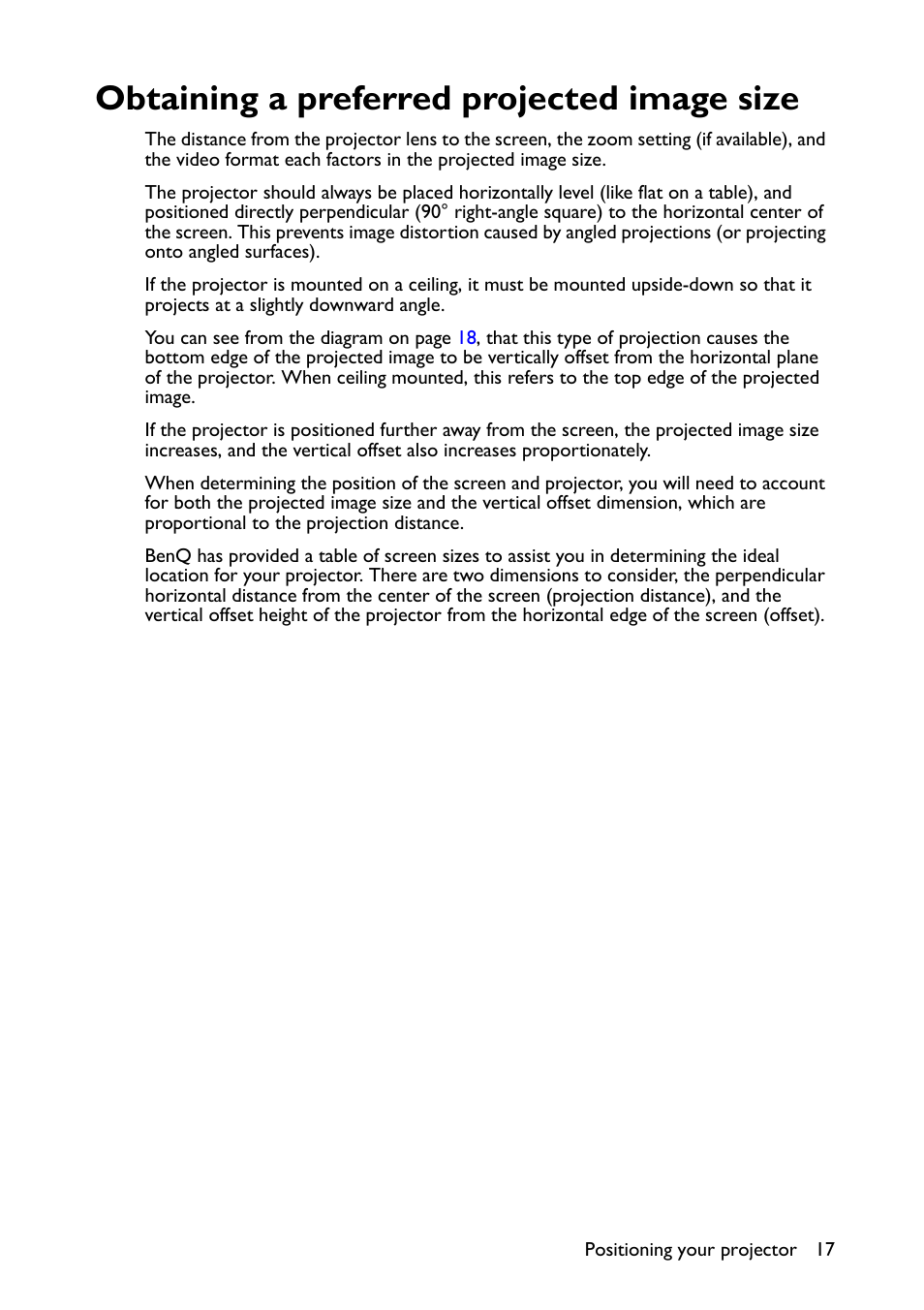 Obtaining a preferred projected image size | BenQ TH670s User Manual | Page 17 / 75