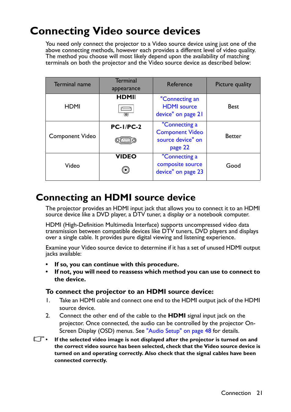 Connecting video source devices, Connecting an hdmi source device | BenQ TH670s User Manual | Page 21 / 75