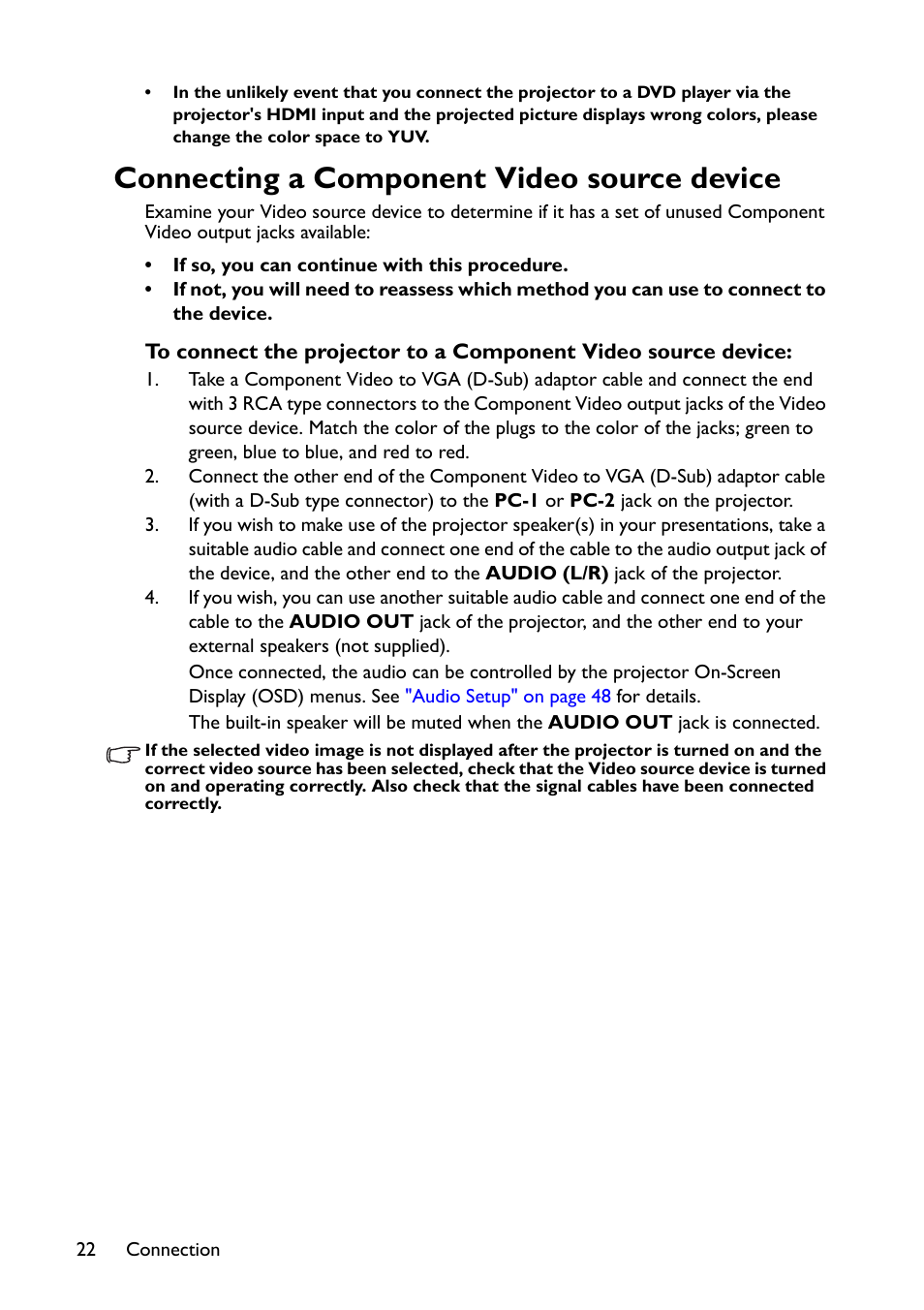 Connecting a component video source device, Connecting a, Component video | Source device" on | BenQ TH670s User Manual | Page 22 / 75
