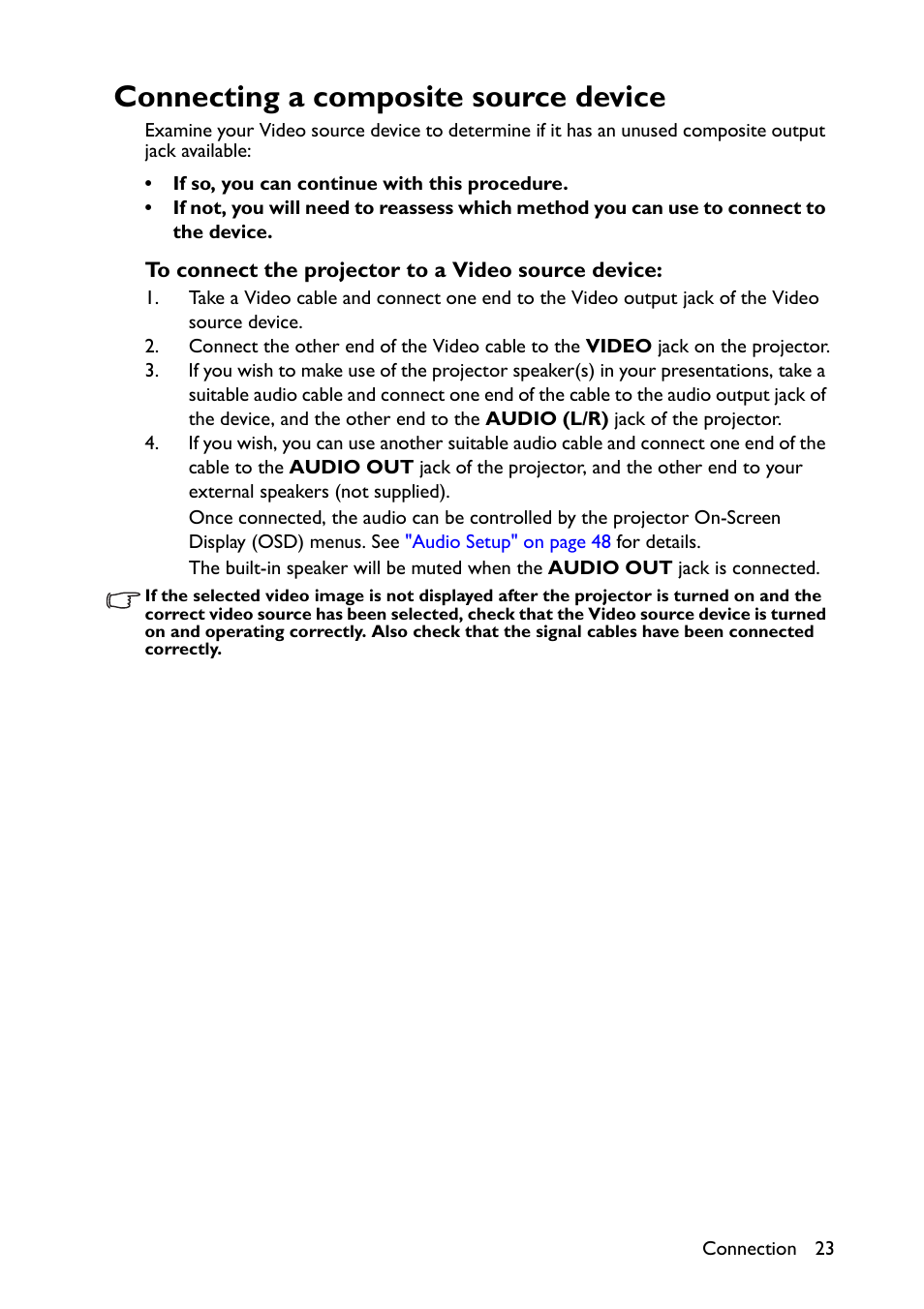 Connecting a composite source device, Connecting a, Composite source | BenQ TH670s User Manual | Page 23 / 75
