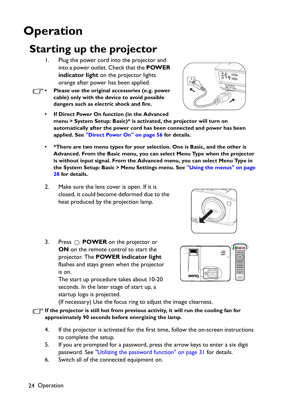 Operation, Starting up the projector, Starting up the | BenQ TH670s User Manual | Page 24 / 75