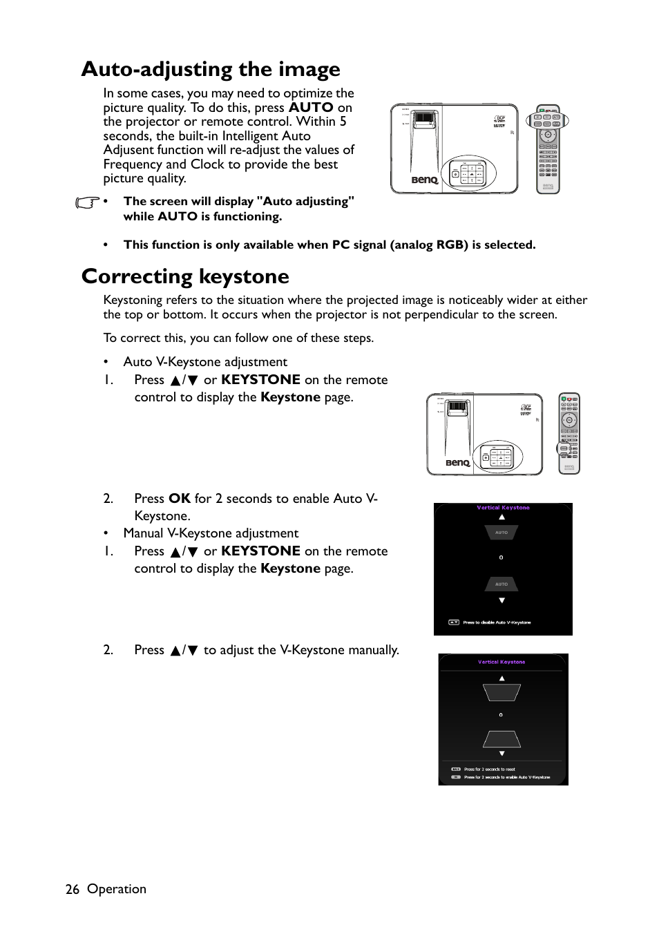 Auto-adjusting the image, Correcting keystone, Correcting | BenQ TH670s User Manual | Page 26 / 75
