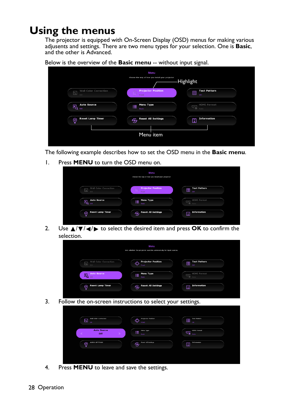 Using the menus, Using, S. see | Using the menus" on | BenQ TH670s User Manual | Page 28 / 75