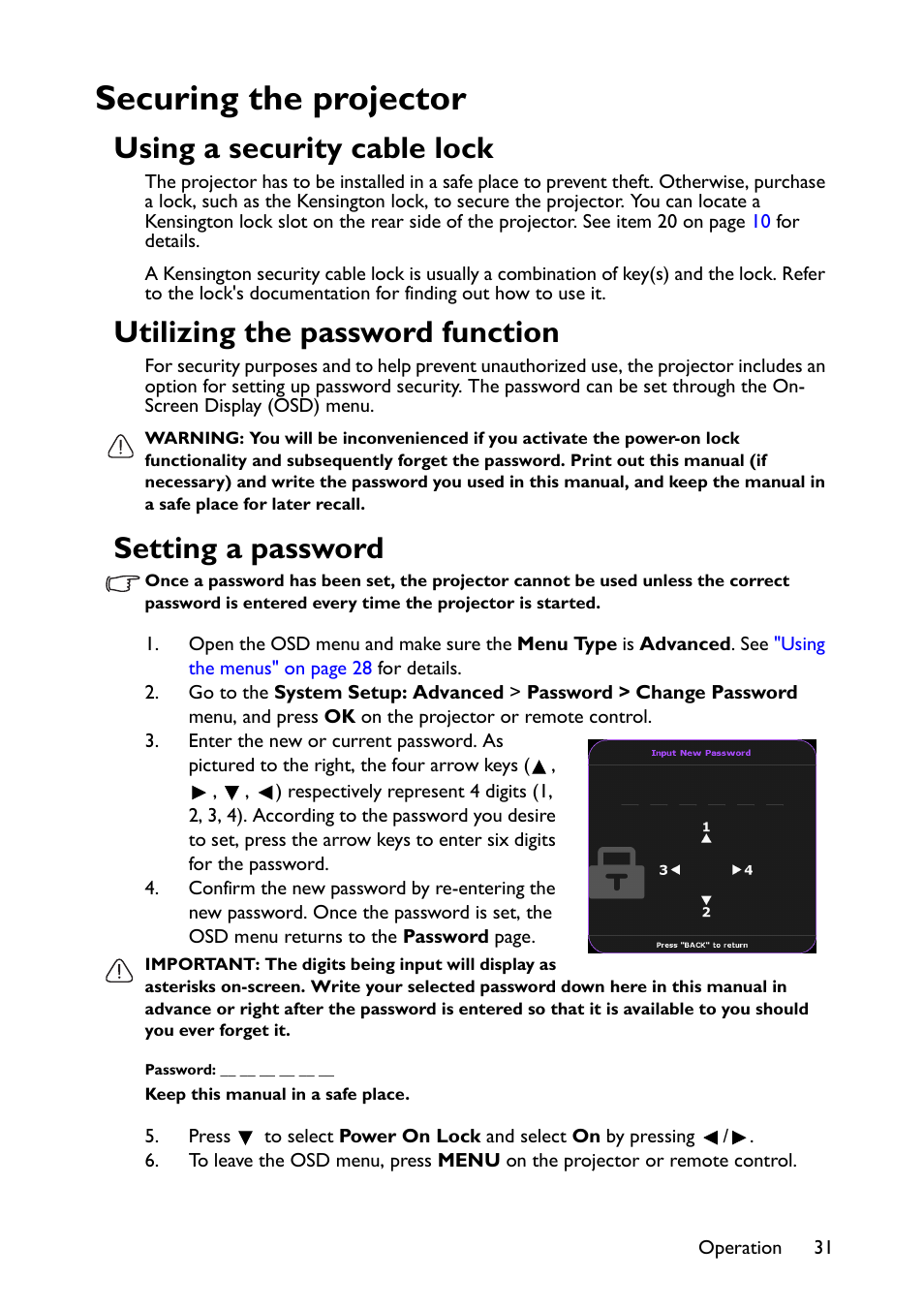 Securing the projector, Using a security cable lock, Utilizing the password function | Setting a password | BenQ TH670s User Manual | Page 31 / 75