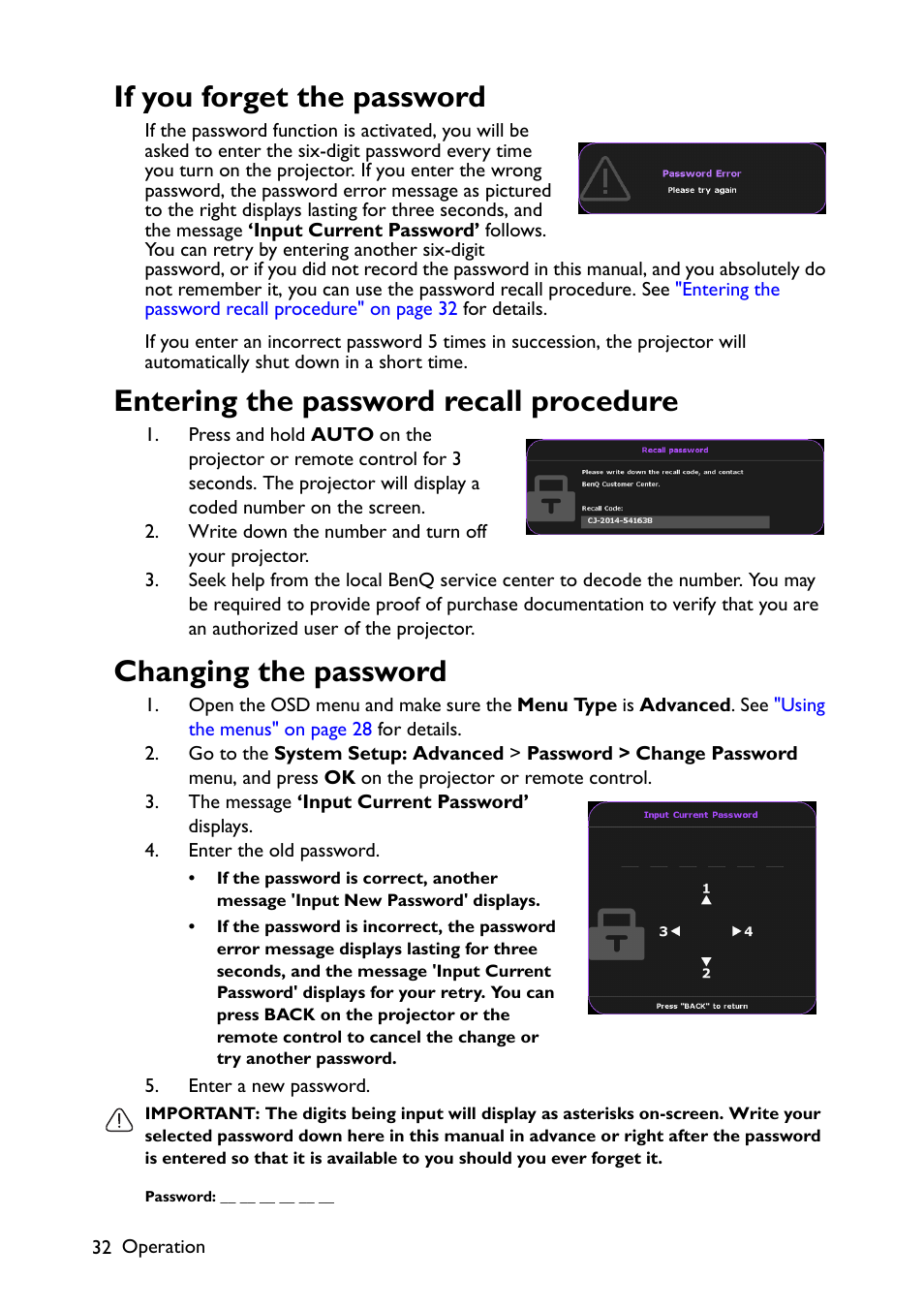 If you forget the password, Entering the password recall procedure, Changing the password | BenQ TH670s User Manual | Page 32 / 75