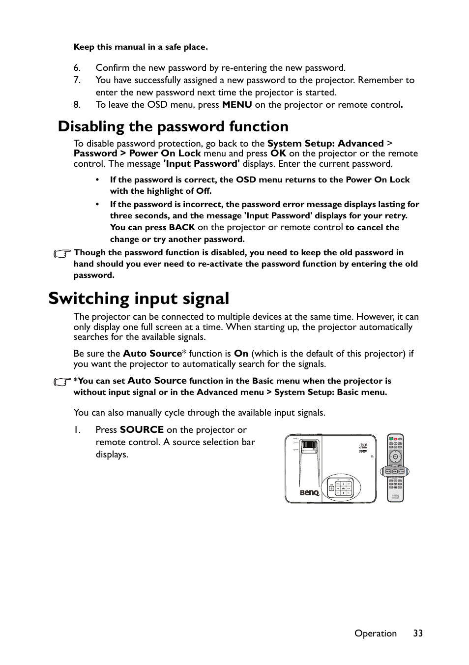 Disabling the password function, Switching input signal | BenQ TH670s User Manual | Page 33 / 75