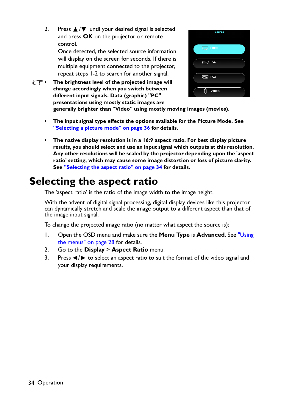 Selecting the aspect ratio | BenQ TH670s User Manual | Page 34 / 75