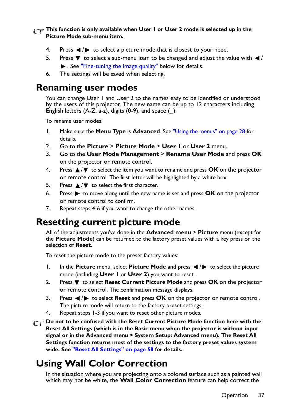 Renaming user modes, Resetting current picture mode, Using wall color correction | BenQ TH670s User Manual | Page 37 / 75