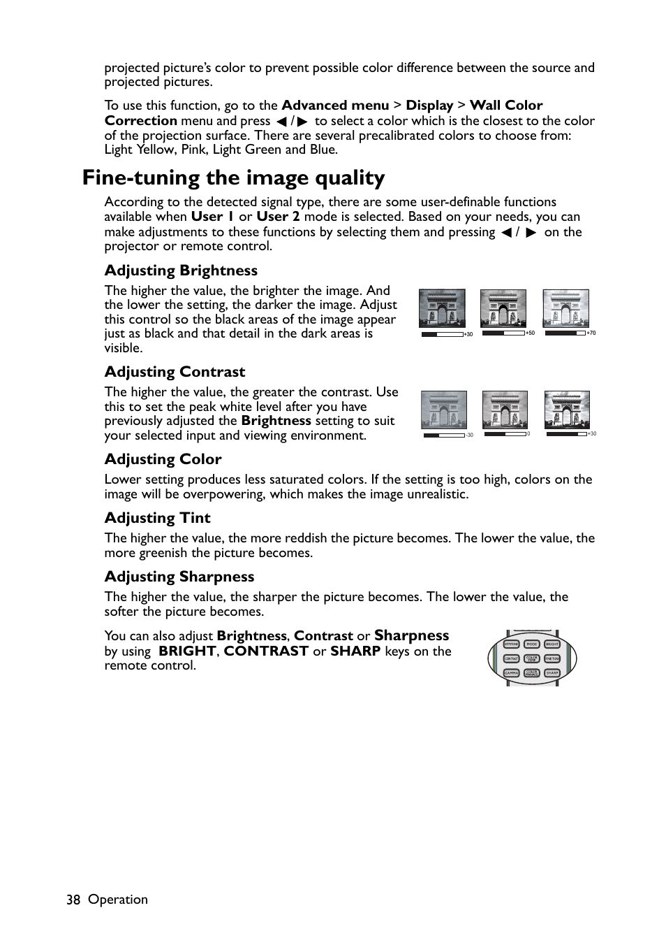 Fine-tuning the image quality, Adjusting brightness, Adjusting contrast | Adjusting color, Adjusting tint, Adjusting sharpness, Sharpness | BenQ TH670s User Manual | Page 38 / 75